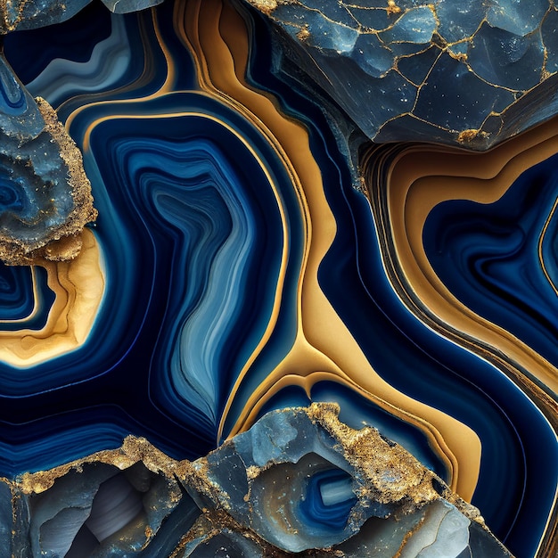 Marble stone texture blue and gold colors. Generative AI.