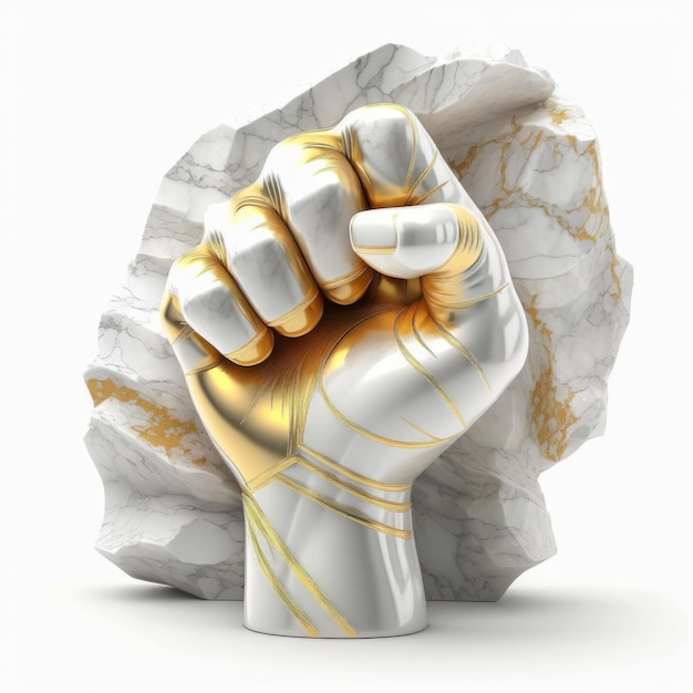 Marble surface gold detailed 3d rendered golden fist