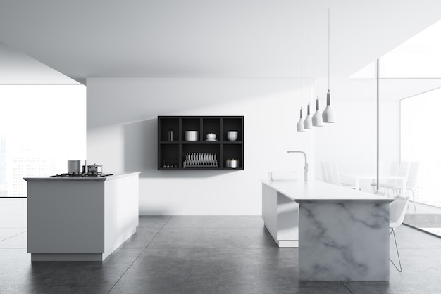 Marble table kitchen interior with black shelves and white counters. Panoramic windows and a concrete floor. 3d rendering mock up