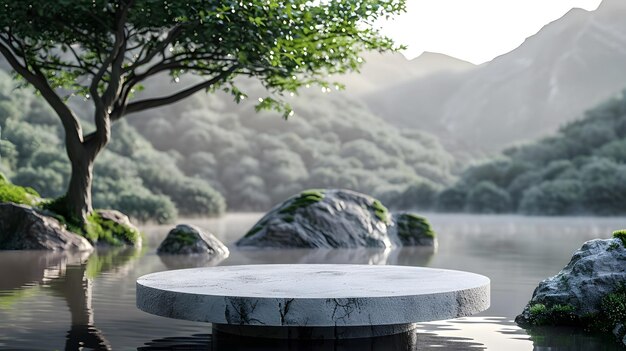 Marble table in lake with rocks trees natural landscape