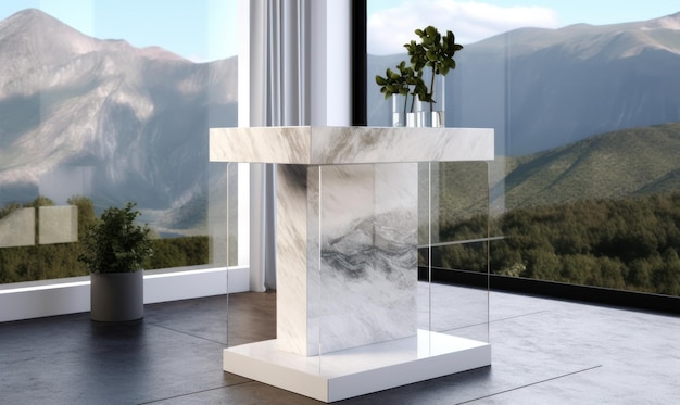 A marble table in a modern living room with a mountain view in the background.