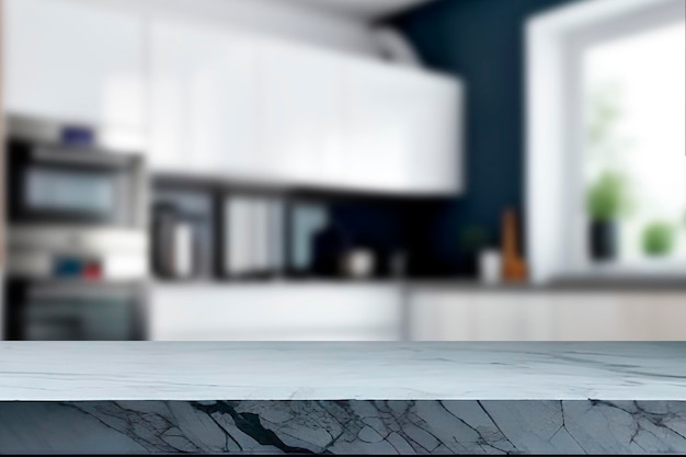 Foto piano del tavolo in marmo su sfocatura dello sfondo della cucina per la visualizzazione del prodotto di montaggio