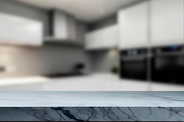 Marble table top on blur kitchen room background For montage product display