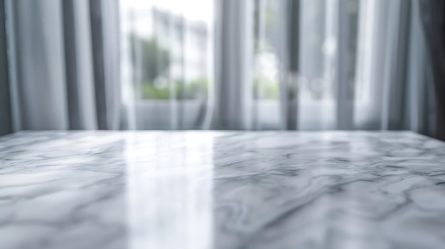 Marble table top on blur room interior with window curtain background Generative AI