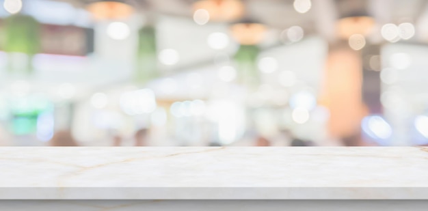 Marble table top with blurred kitchen cafe restaurant interior background