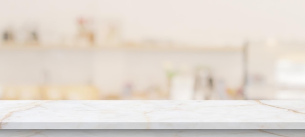 Marble table top with blurred kitchen cafe restaurant interior background