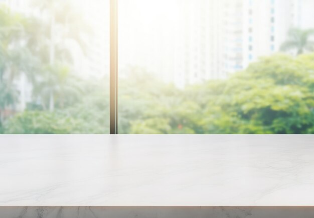 Photo marble table with blur background suitable for product presentation display or mock up