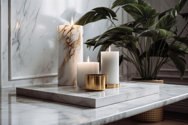 A marble table with candles and a plant in the background.