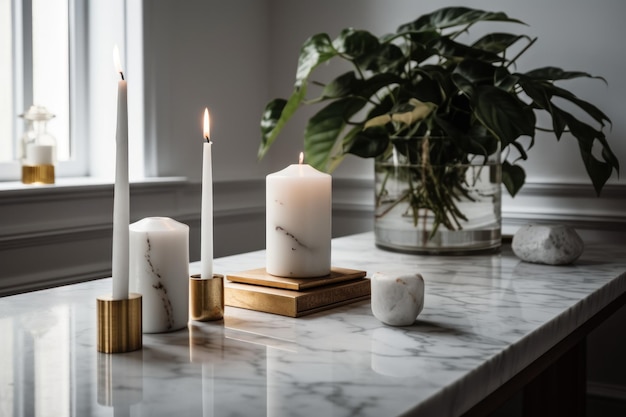 A marble table with candles and a plant on it.