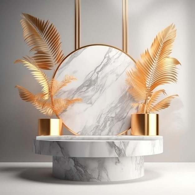 A marble table with gold feathers and a mirror with a white background.