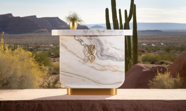 A marble table with a gold pot and a gold plant on it.