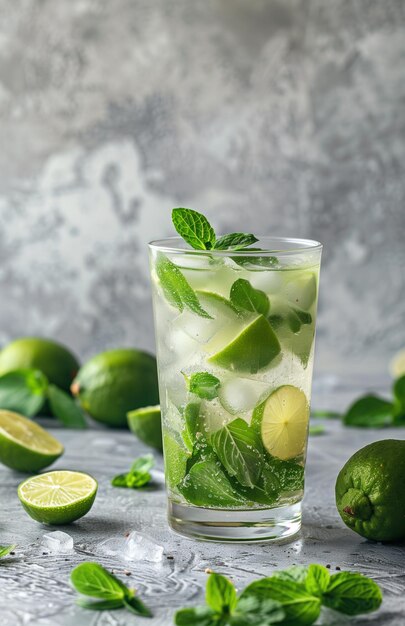 Photo a marble table with a mojito cocktail limes and a light grey backdrop