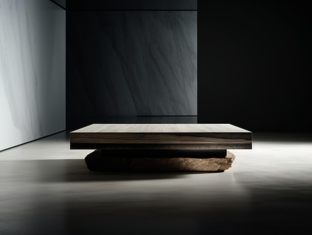 大理石のテーブルの上に石が置かれ、その底には大きな黒い箱があります。