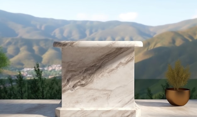 A marble table with a view of the mountains in the background.