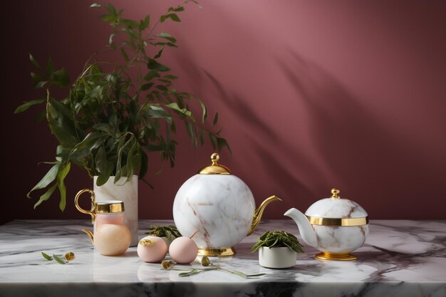 A marble table with a white and gold teapot and a plant on it.