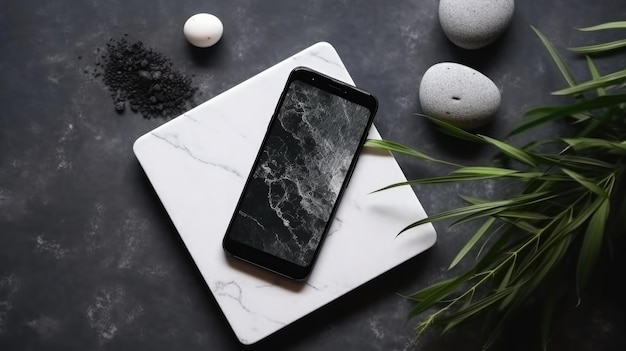 A marble tablet with a phone on it and a plant on the side.