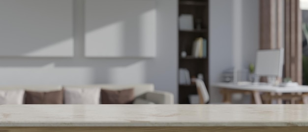 Marble tabletop with empty space over blurred modern living room in the background