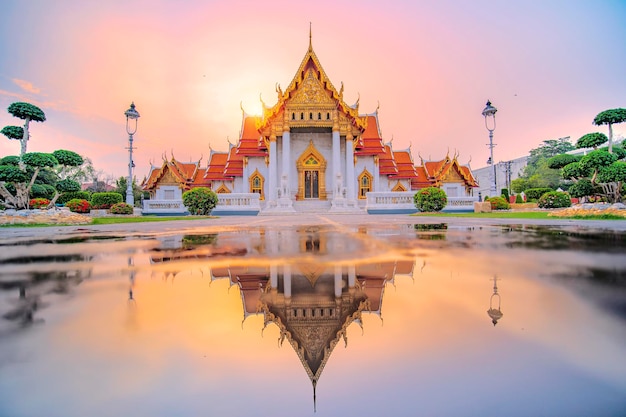 Marble Temple of Bangkok Thailand The famous marble temple Benchamabophit Is a popular tourist destination in Bangkok And is an important Buddhist place Evening atmosphere