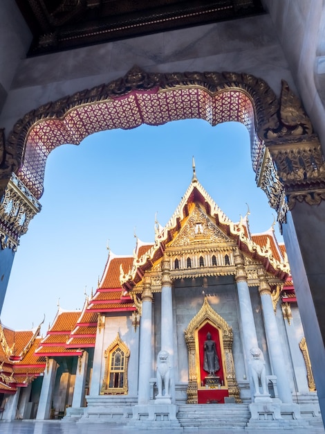 The Marble temple church building Wat Benjamabophit Bangkok Thailand under evening sky