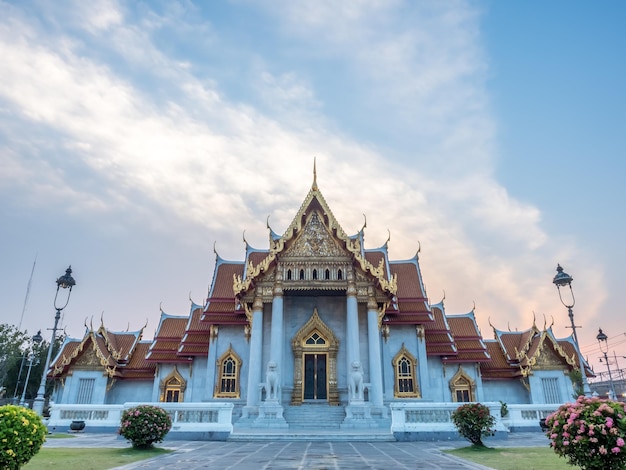 The Marble temple church building Wat Benjamabophit Bangkok Thailand under evening sky