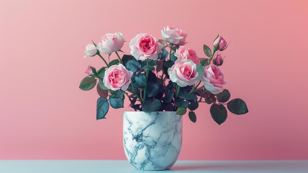 A marble vase filled with pink roses set against a soft pink background