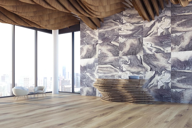 Photo marble wall company office with a tiled floor, loft windows, a wave like ceiling and an original reception desk. 3d rendering mock up