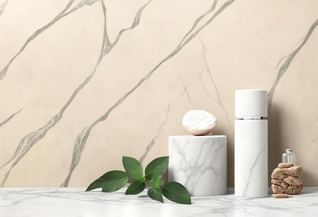 A marble wall with a green leaf on it