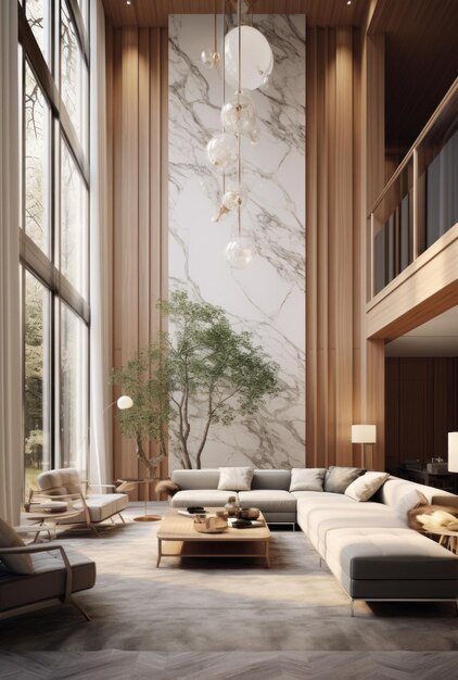 Marble and wood walls in a room with high ceilings interior design of a modern house ai generated