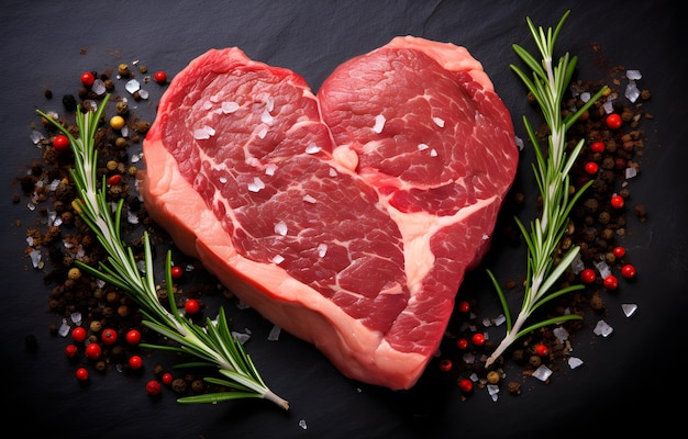 marbled beef steak like heart shape and rosemary hearb on dark background