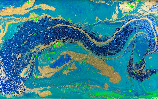 Мраморный синий абстрактный фон жидкий мраморный узор с золотым порошком