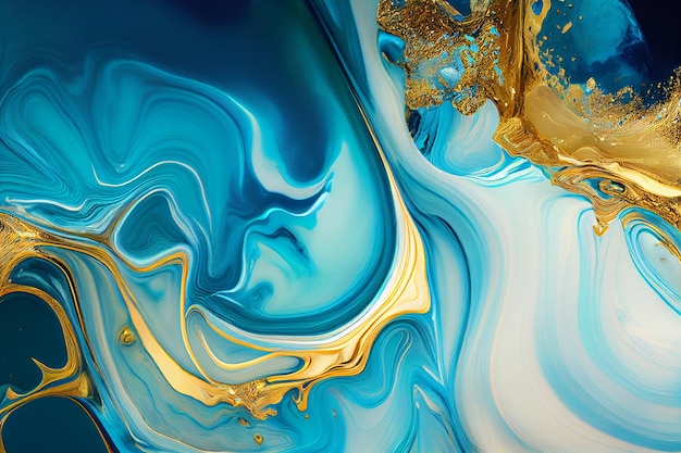 大理石の青と金色の抽象的な背景液体マーブル インク パターン生成 ai