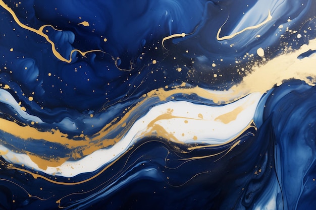 Photo marbled stone ink liquid fluid painted painting texture banner dark blue swirls gold painted splashe