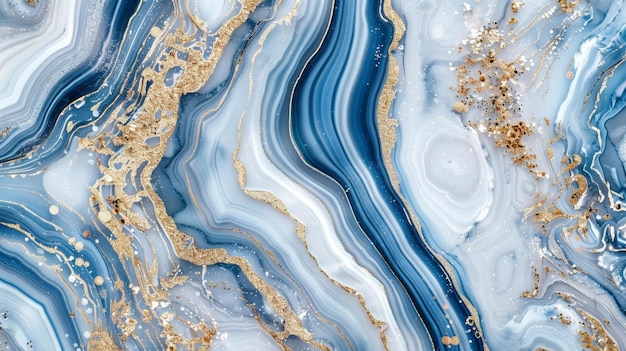 抽象的な背景に青いアガートの白い大理石と金色の輝くフォイルを塗った大理石の表面の壁紙