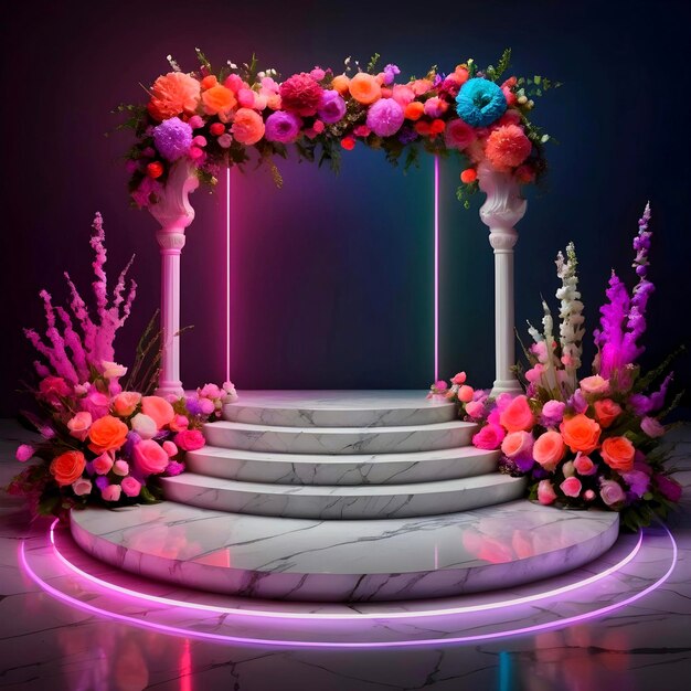 Marbled tiles radiance neon lined stage blossoming with colorful wedding flowers