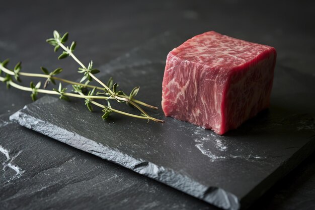 Marbled Wagyu beef with fresh thyme on a slate board for a rustic look