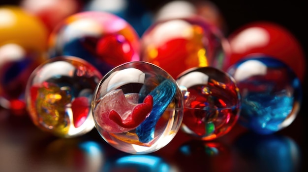 Marbles on a table with a blue background