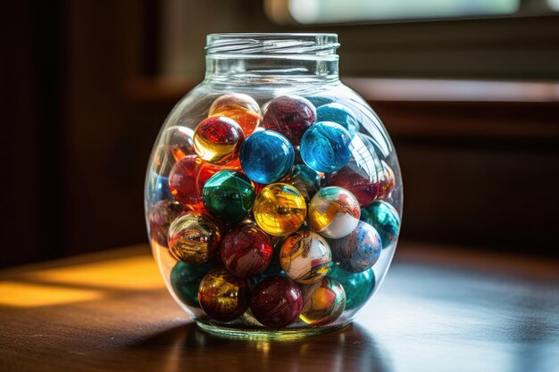 Marbles in a transparent jar on a wooden table created with generative ai