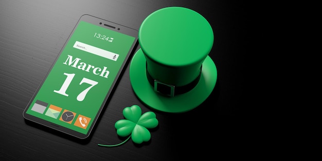 March 17 St Patricks Day on smartphone screen and leprechaun hat on black background copy space 3d illustration