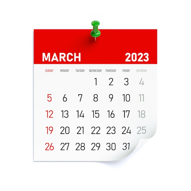 March 2023 Calendar Isolated on White Background 3D Illustration