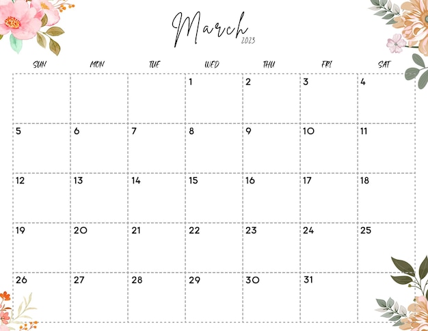 Photo march 2023 watercolor floral calendar