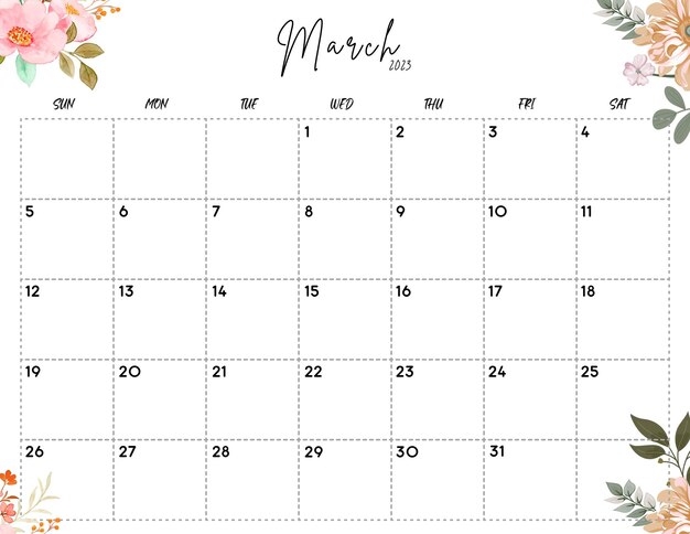 March 2023 Watercolor Floral Calendar