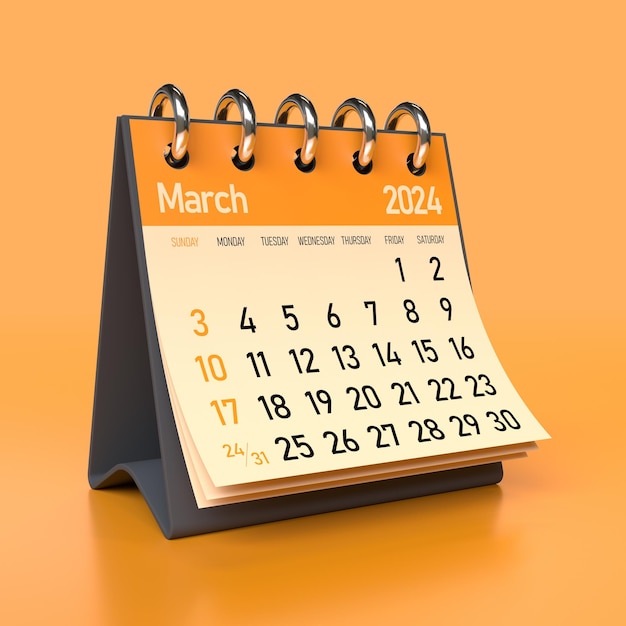 Premium Photo March 2024 calendar isolated on orange background 3d