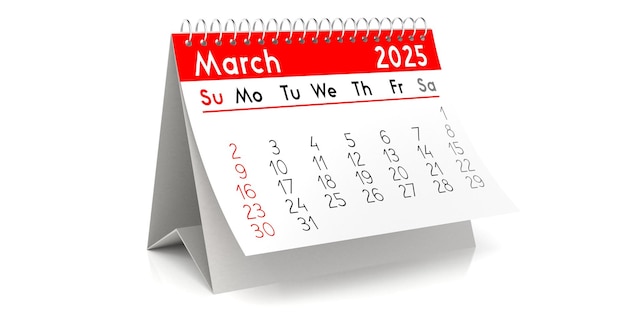 March 2025 table calendar 3D illustration