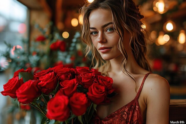 On March 8 a beautiful woman is congratulated on the holiday with flowers and gifts