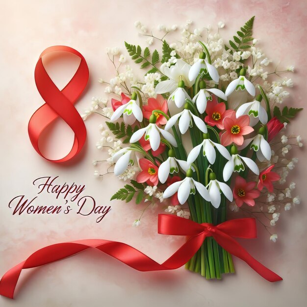 March concept womens day greeting card number snowdrops with red ribbon