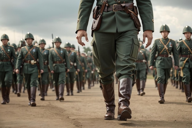 Photo marching army of men in uniform and boots generated
