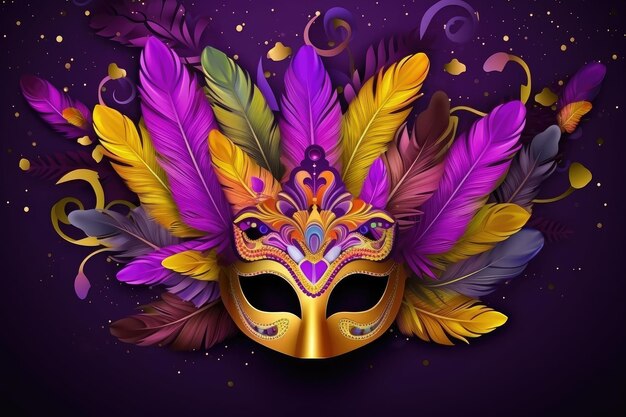 Mardi gras card with festive mask and feathers created with generative ai