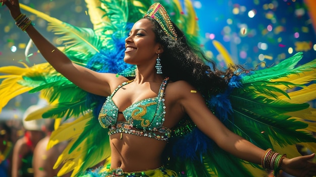 Foto il carnevale del mardi gras, una ballerina brasiliana felice che indossa un costume di piume.