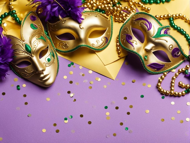Photo mardi gras gold color beads with masquerade festival carnival masks and golden green purple confet