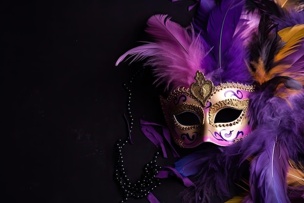 Mardi gras-kaart met feestelijk masker en veren gemaakt met generatieve ai